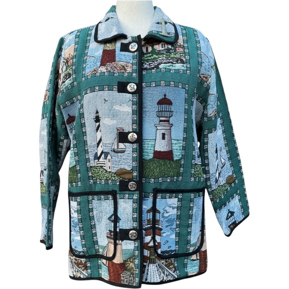 Blair Jackets & Blazers - Blair Tapestry Jacket Womens L Blue Green Lighthouse Nautical Vintage Coastal